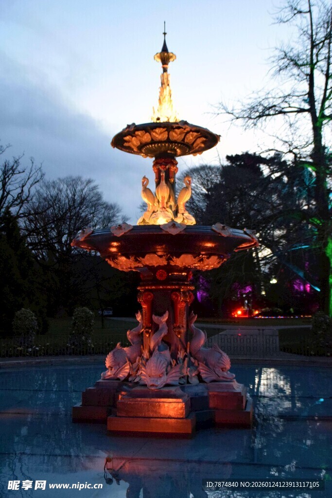 夜幕下的华丽喷泉景观