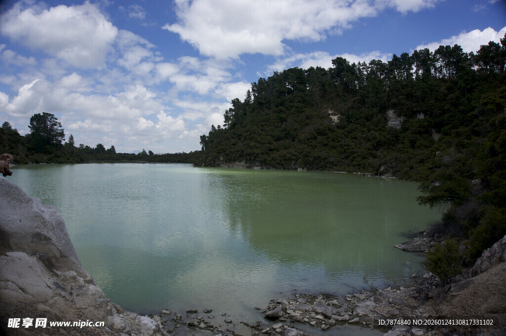 翠绿湖水与岸边葱郁景致