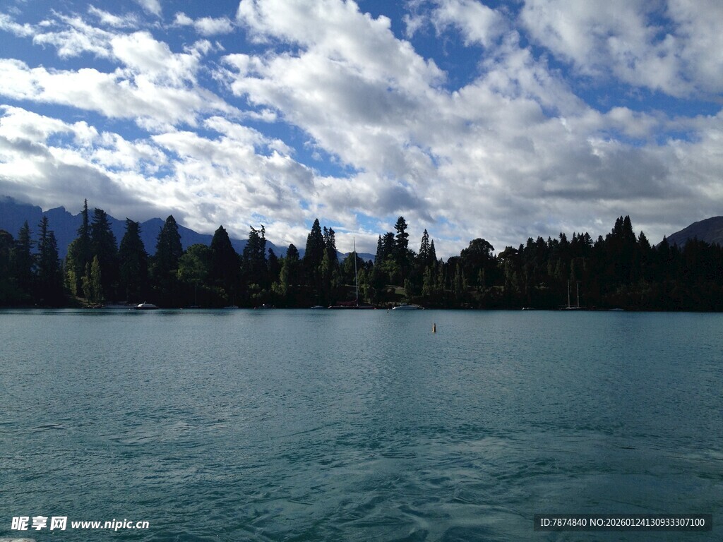 湖畔美景 蓝天白云与树林