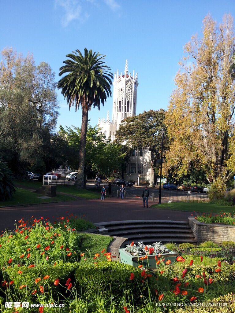 城市花园中的钟楼景观