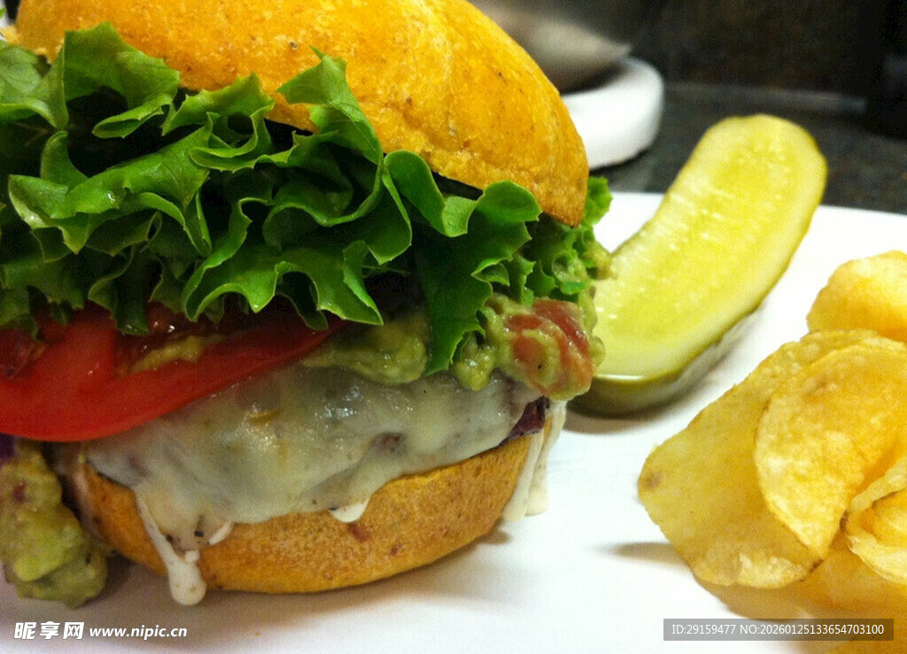 美味汉堡配薯条与腌黄瓜