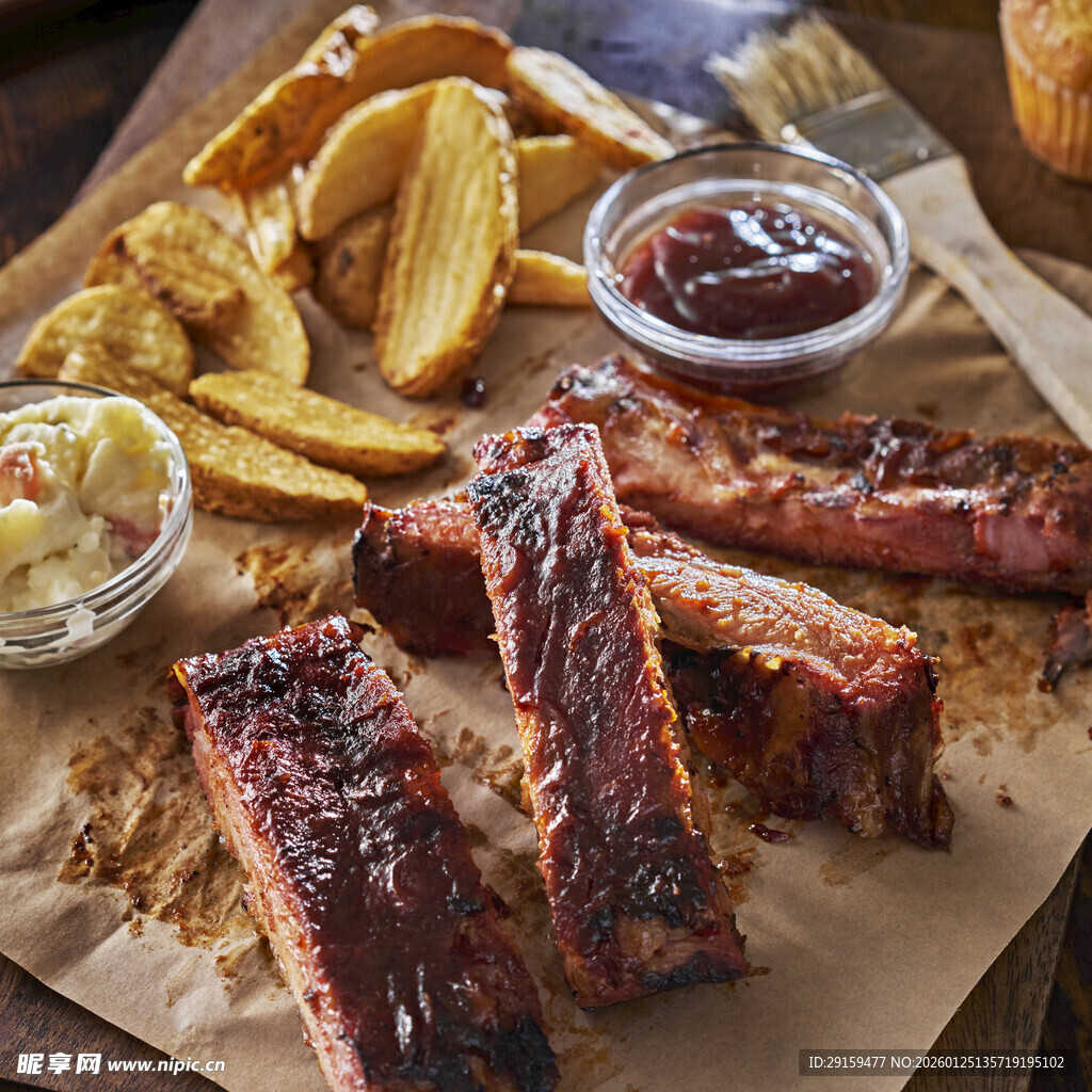 美味烤排骨配薯条与蘸酱