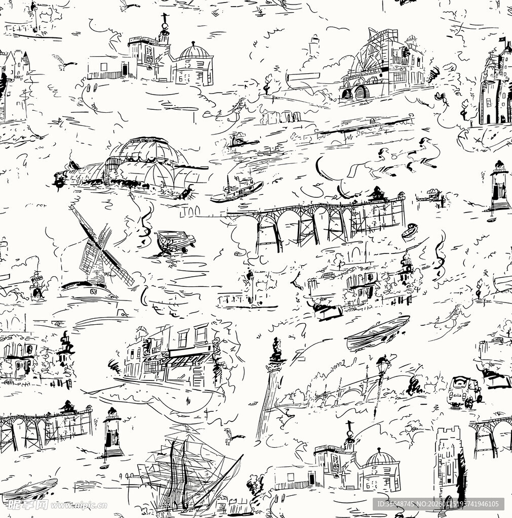手绘城市景观黑白线稿图