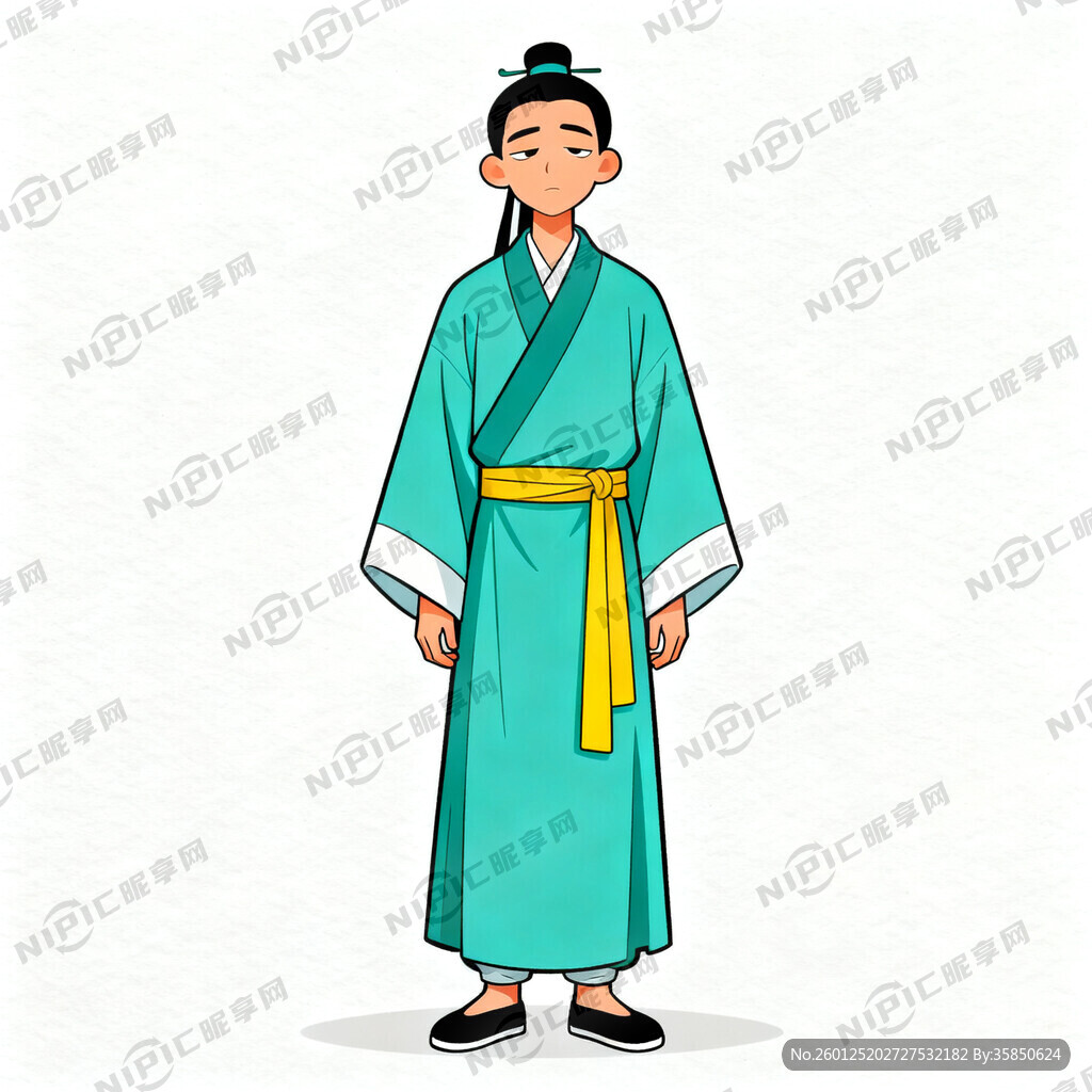 慵懒眼神的青衣道士全身站立