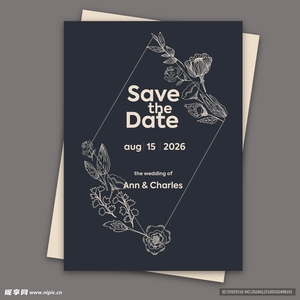简约花卉婚礼日期预告卡
