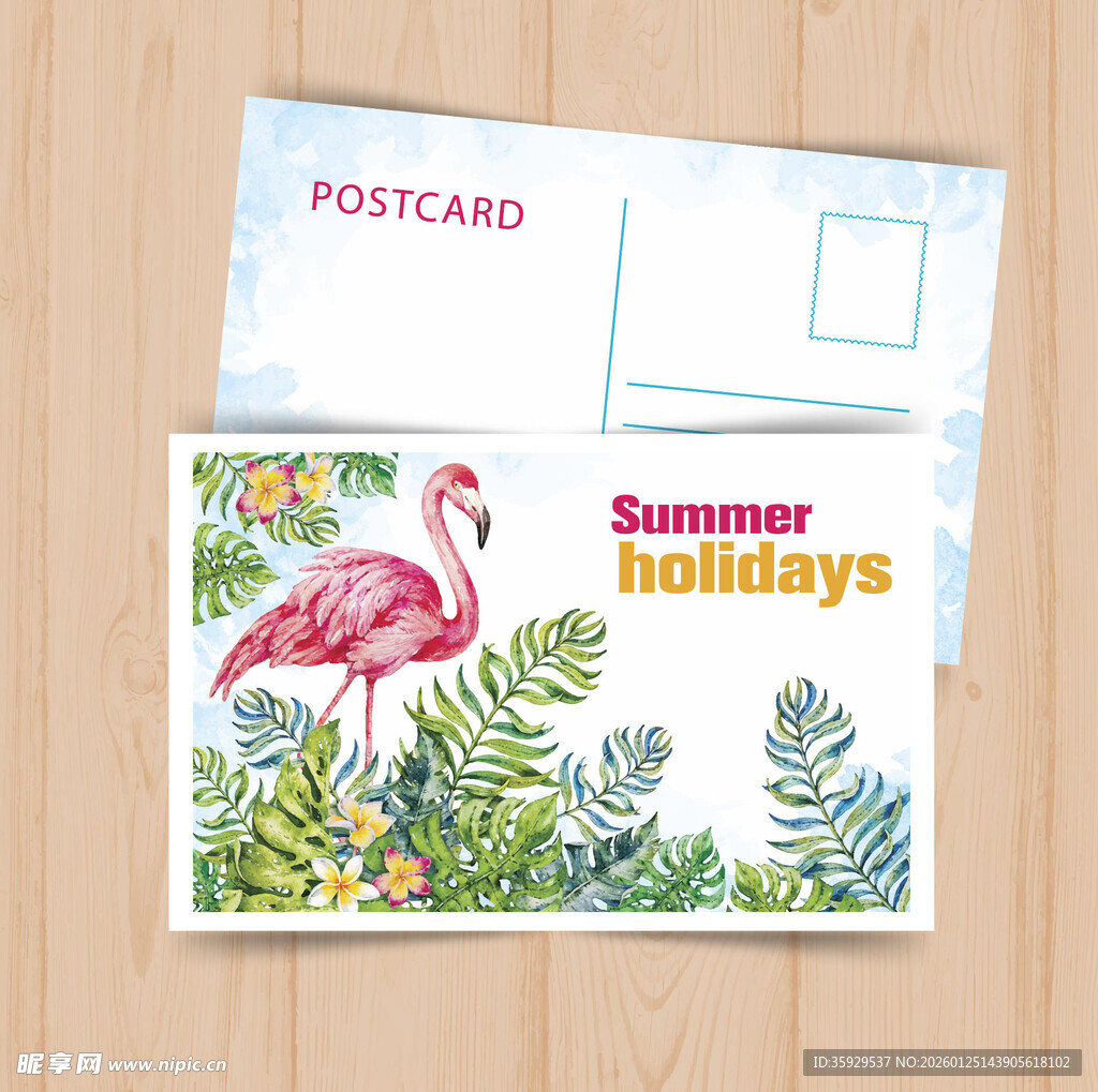 夏日假期火烈鸟明信片