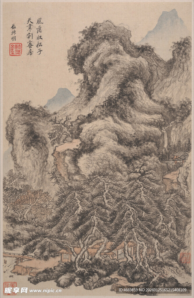 水墨山水古松图