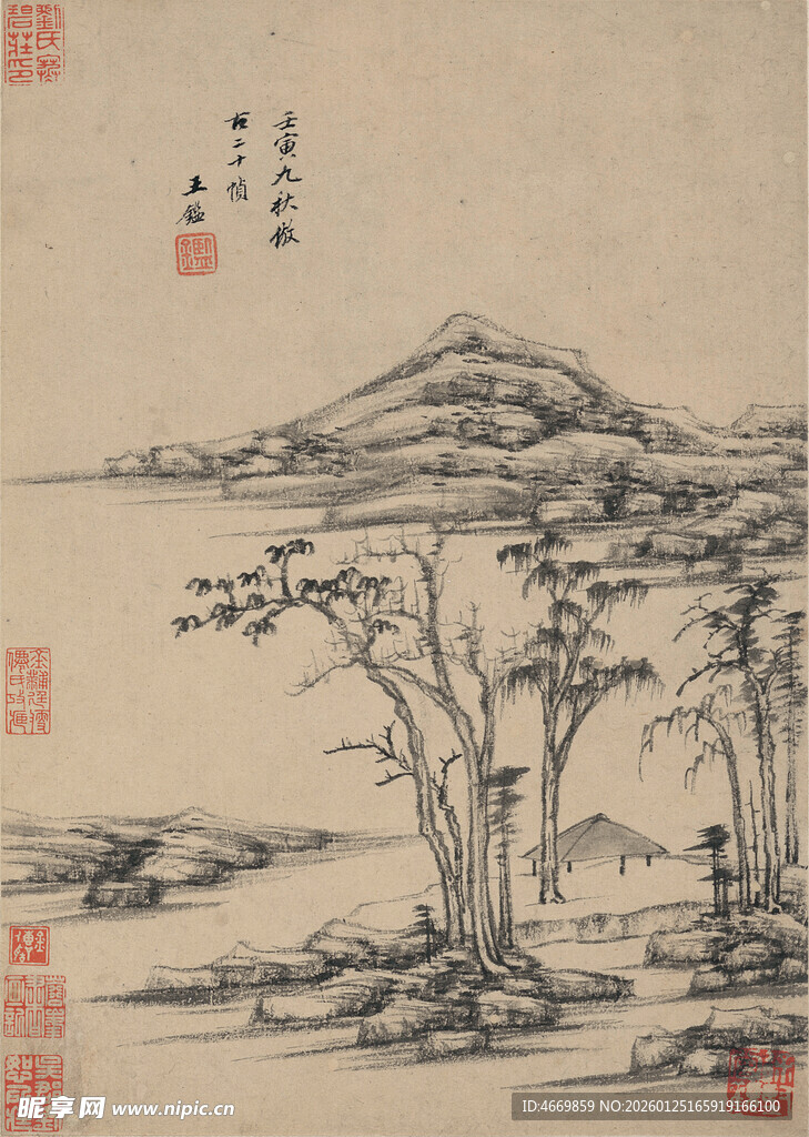 水墨山水古松图