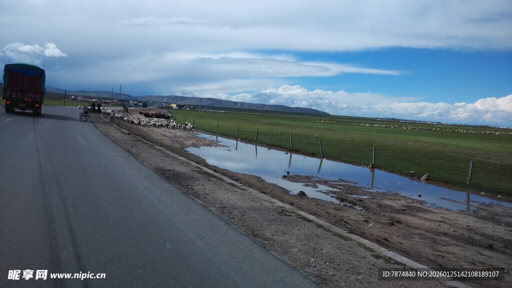 公路旁的开阔田野风光