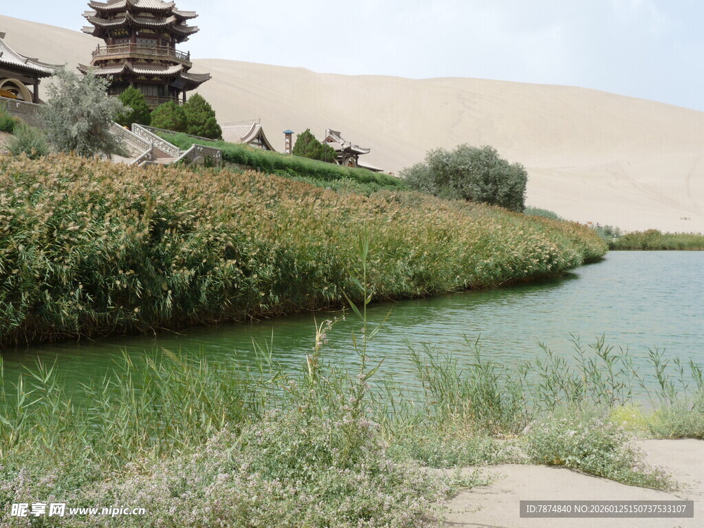 沙漠中的绿水与古朴建筑