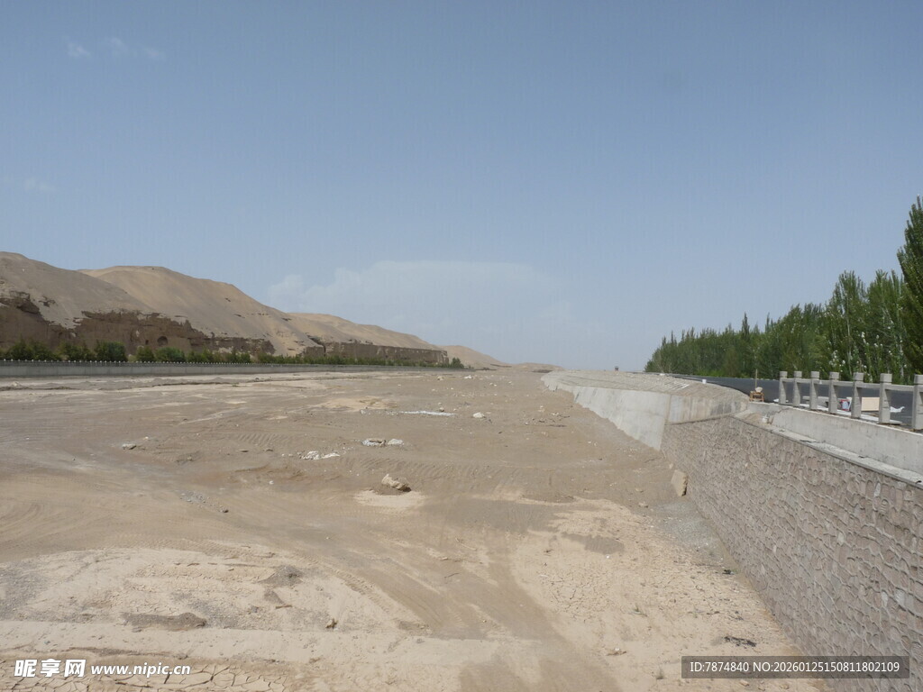 宽阔沙地旁的绿树道路