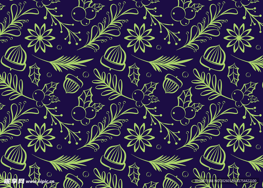 深蓝底绿叶花卉图案