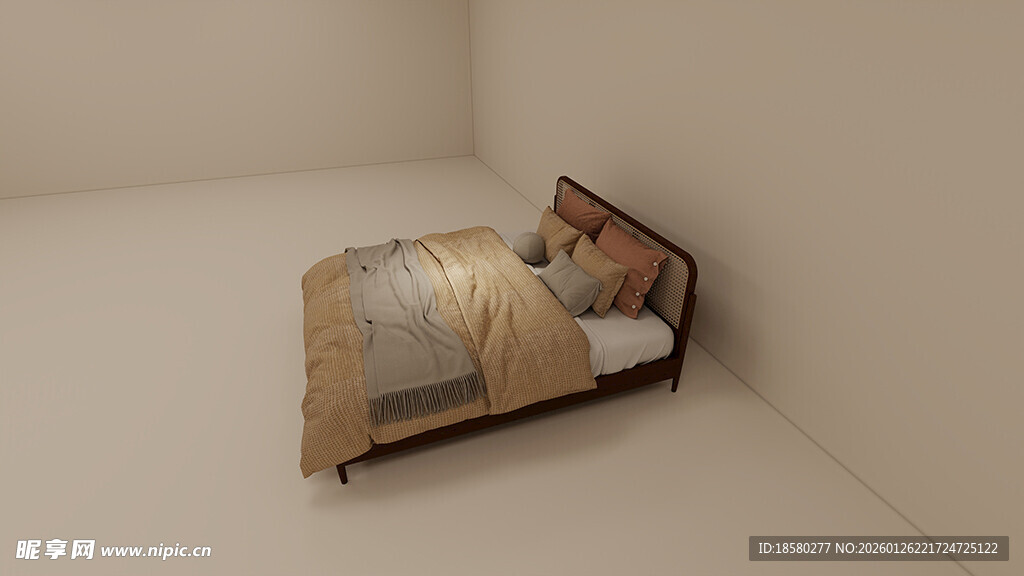 简约单人床卧室场景展示