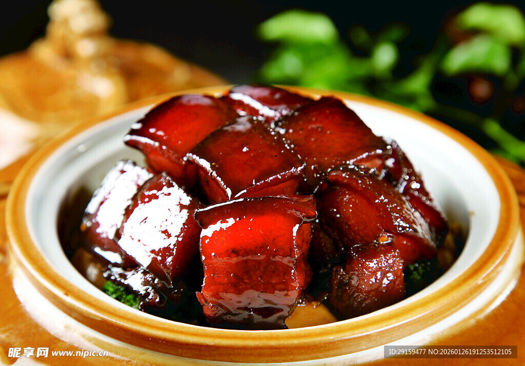 美味红烧肉盛于瓷碗中