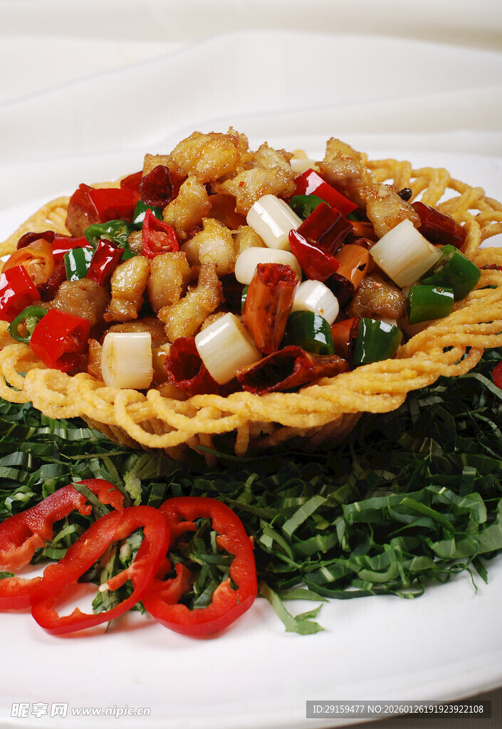 蔬菜丁盛于脆网造型中