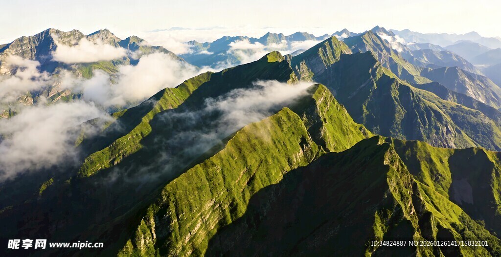翠绿山峦云雾缭绕美景