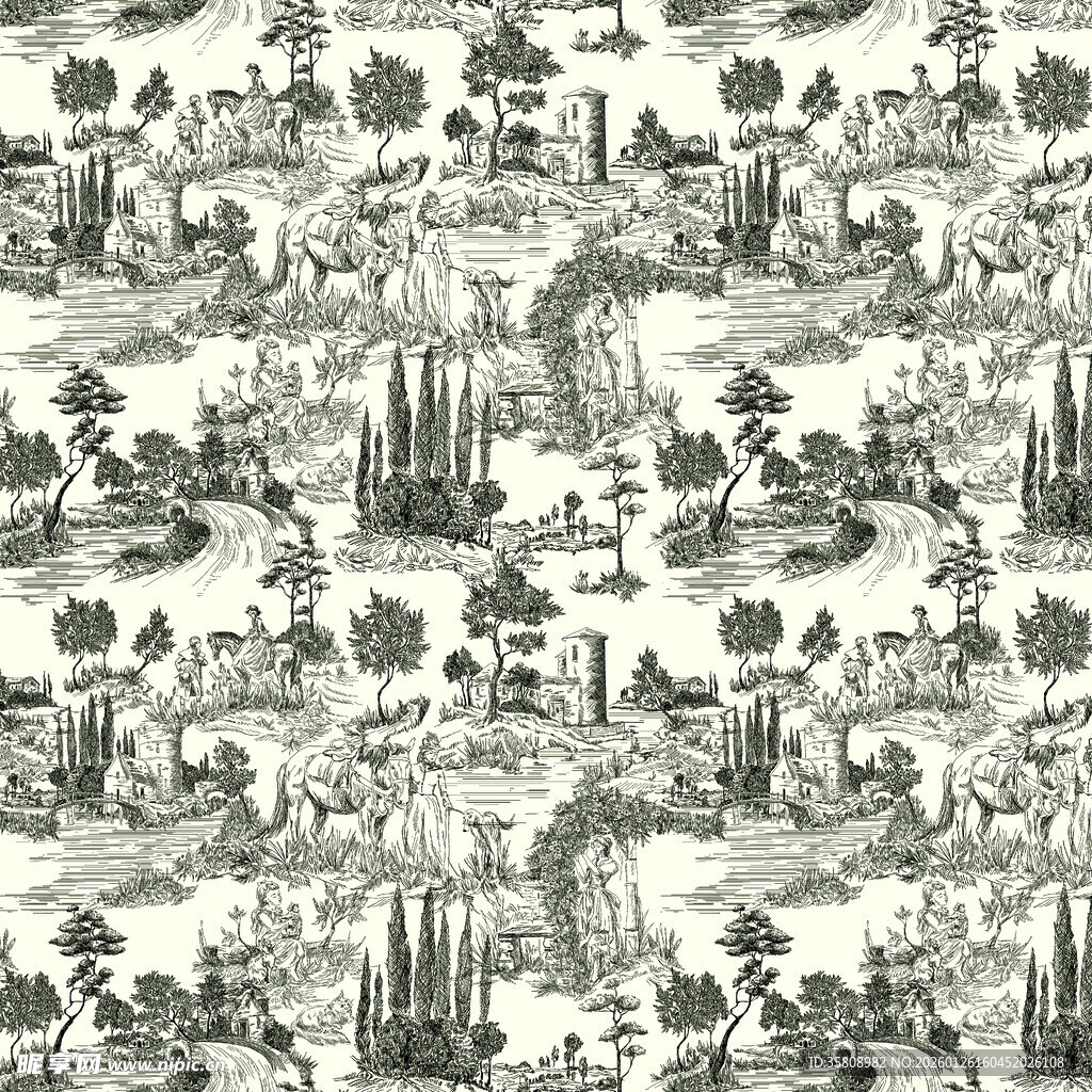 复古手绘风自然场景图案