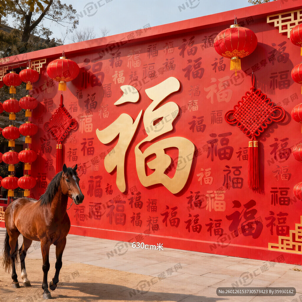 红色底 有马图 红灯笼 中国结