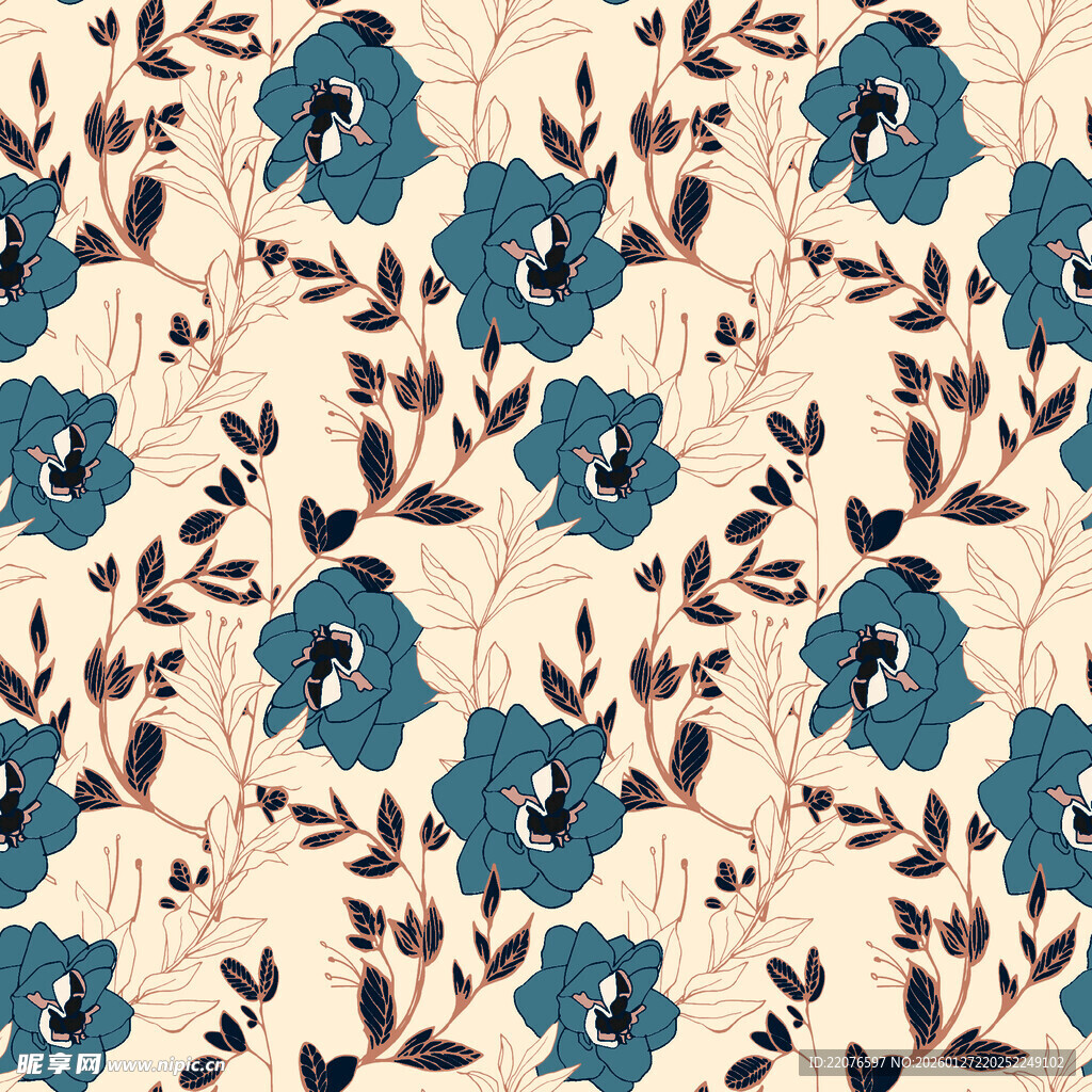 蓝花米色底花卉图案