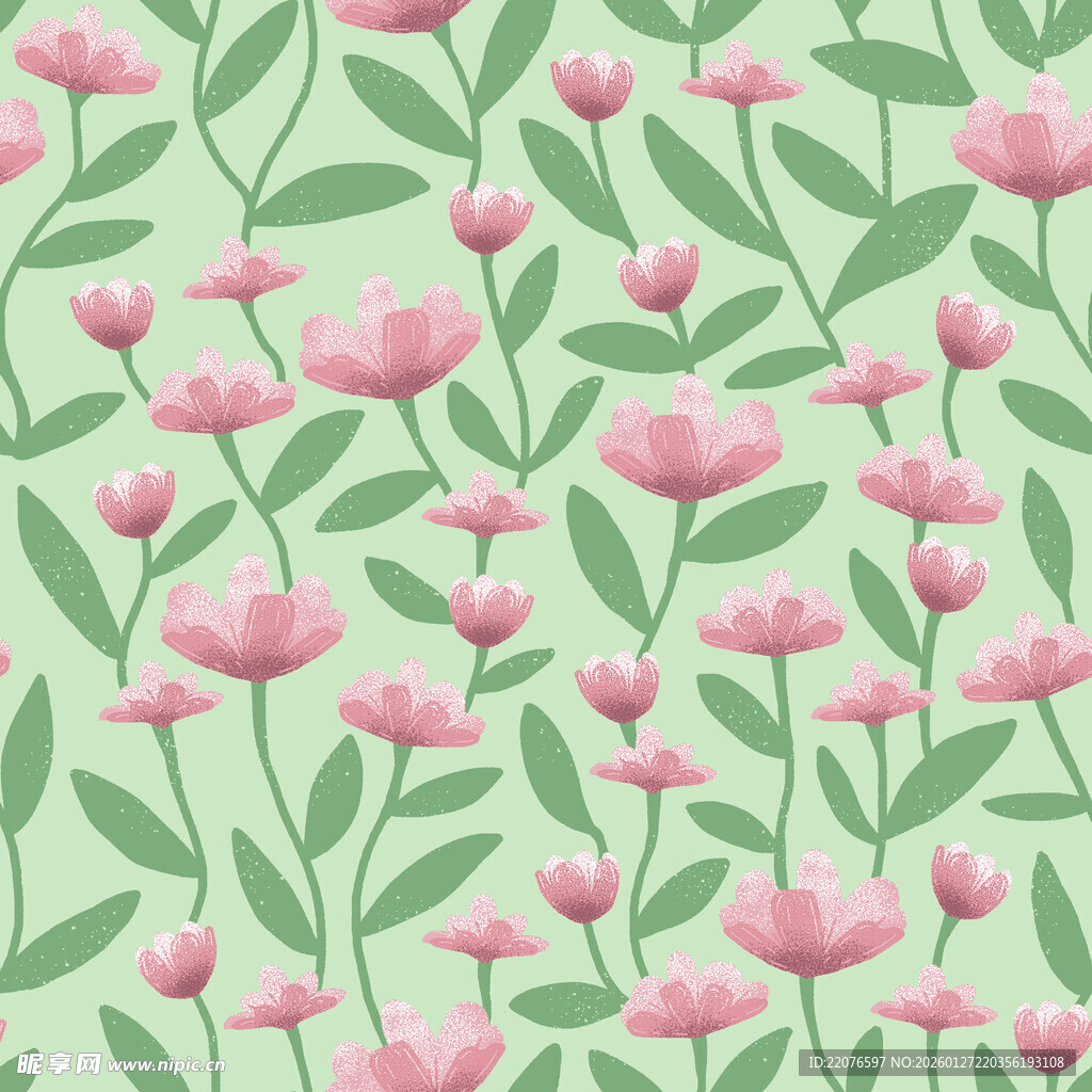 粉色花卉绿叶无缝图案