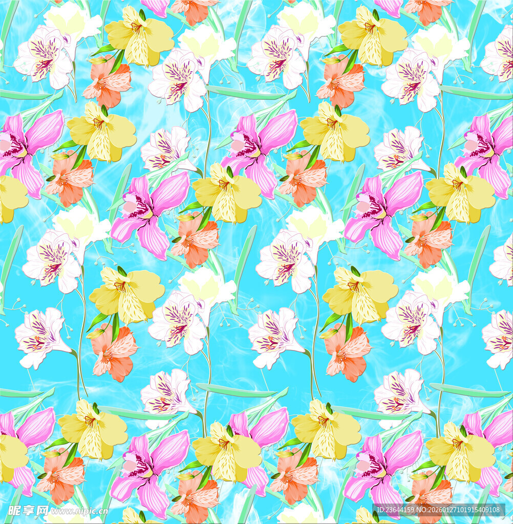 蓝底缤纷花卉图案