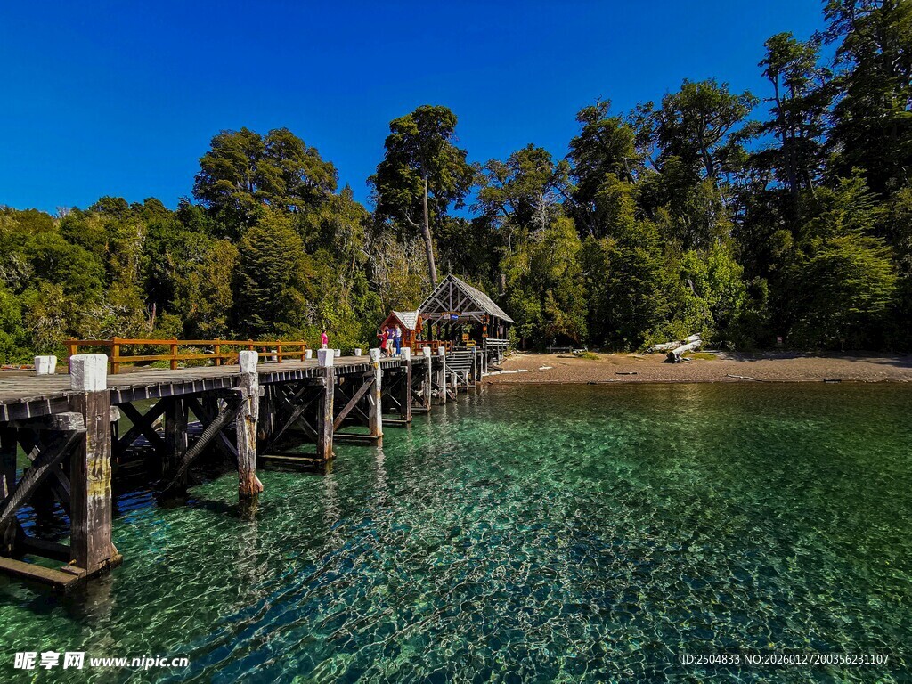 湖畔木桥 清澈水域与绿树