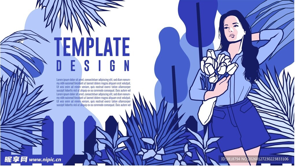 蓝调时尚女孩模板插画