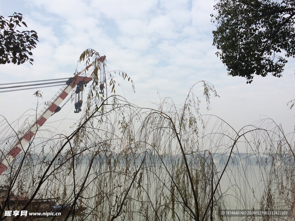 衡山湖畔芦苇与远处起重机