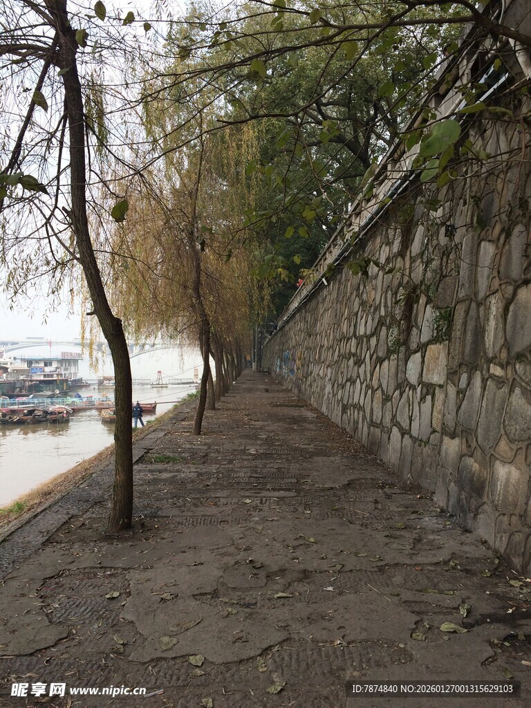 衡山石墙边的树木与空旷小径