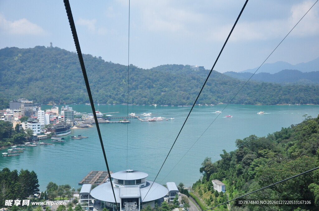 俯瞰缆车下的山水城镇风光