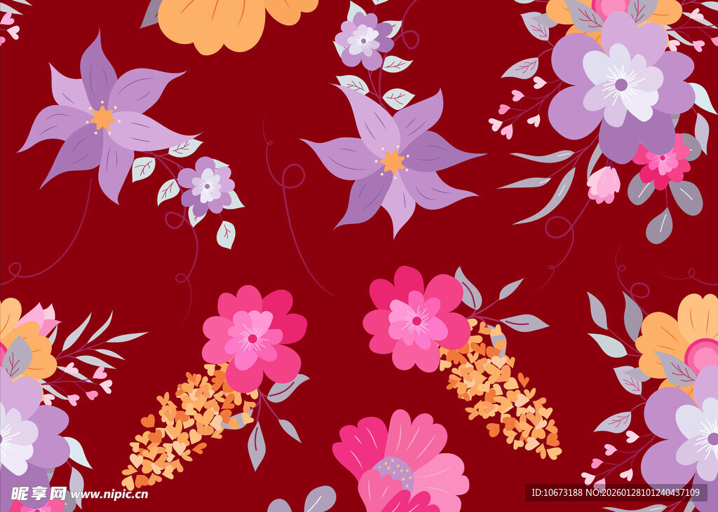 深红背景多彩花卉图案