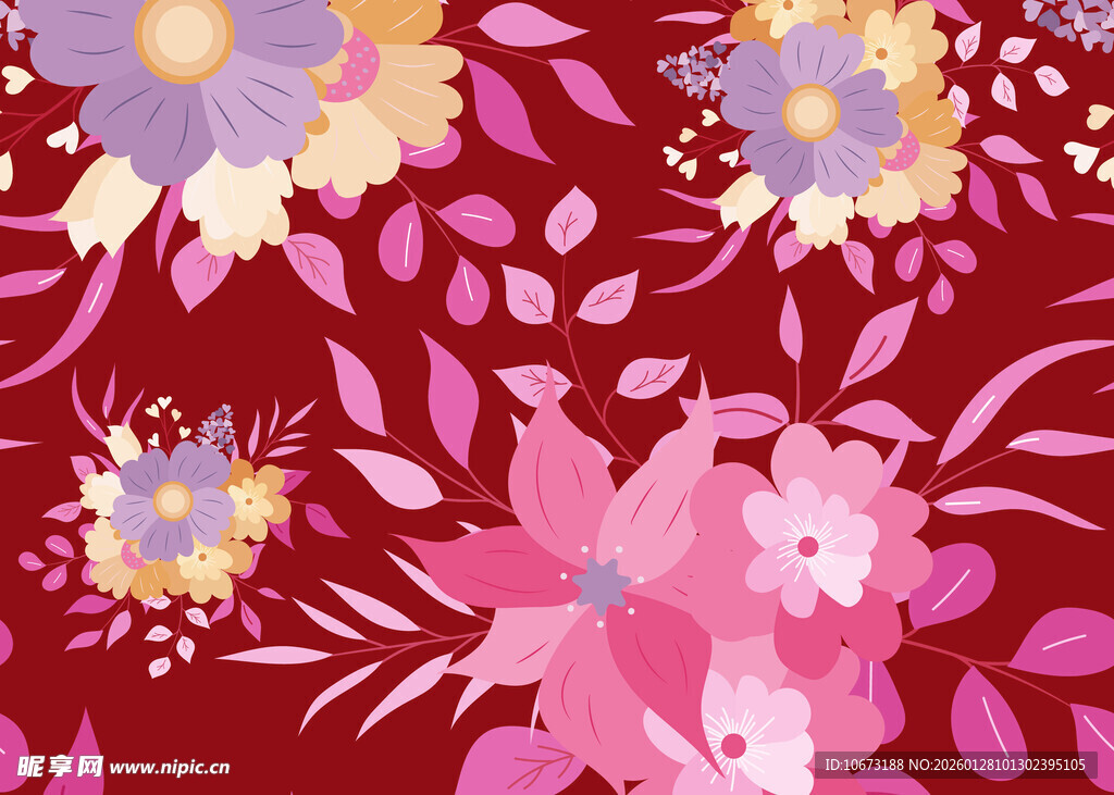 深红底多彩花卉图案