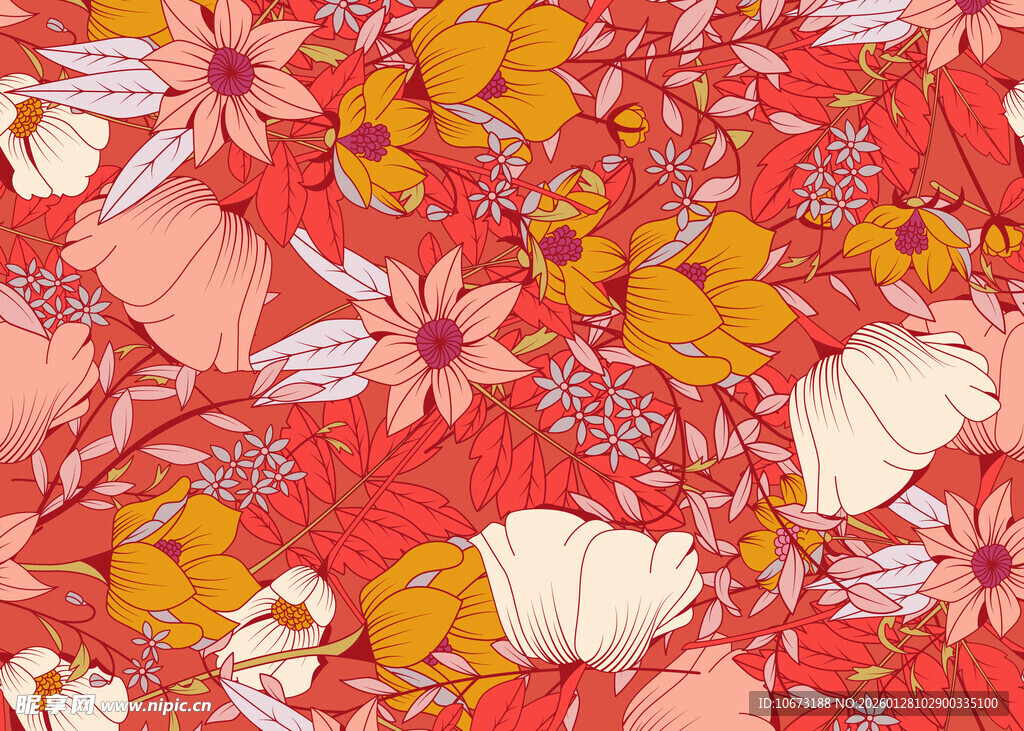 红色花卉图案织物纹理