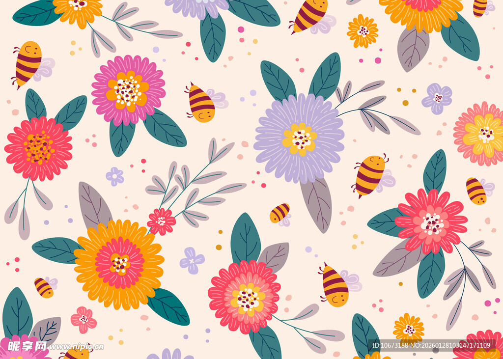 花卉蜜蜂图案的可爱背景