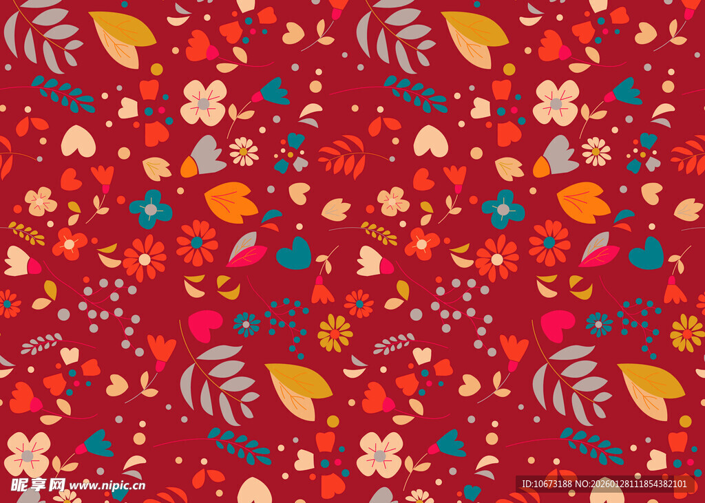 红色花卉叶子图案背景