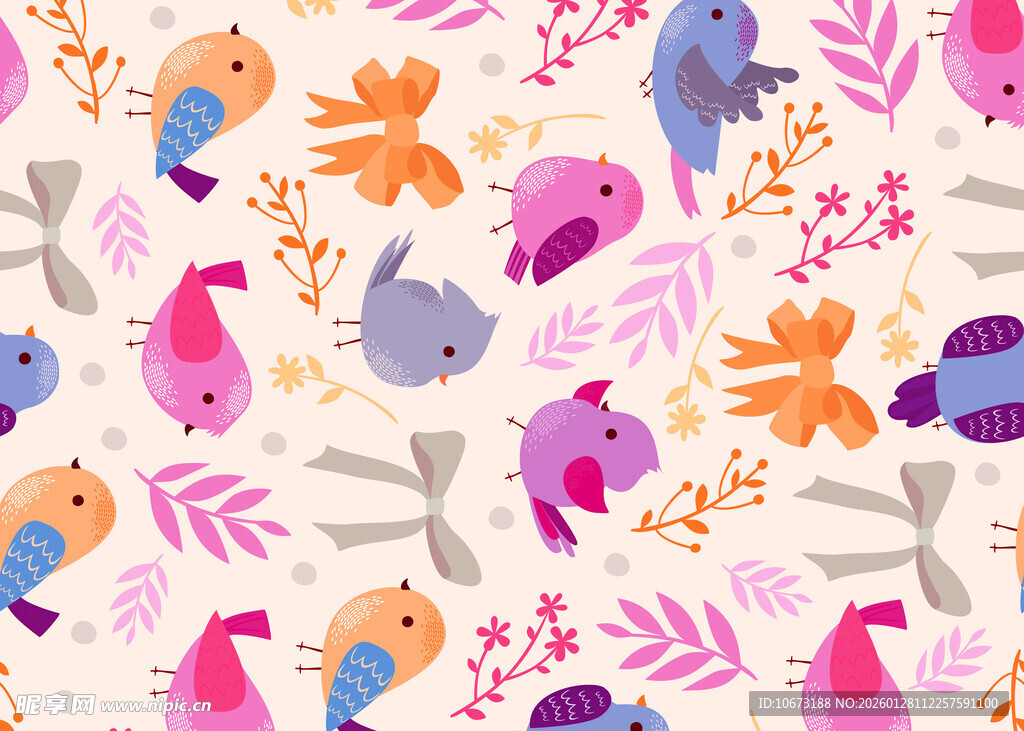 多彩小鸟花卉图案背景