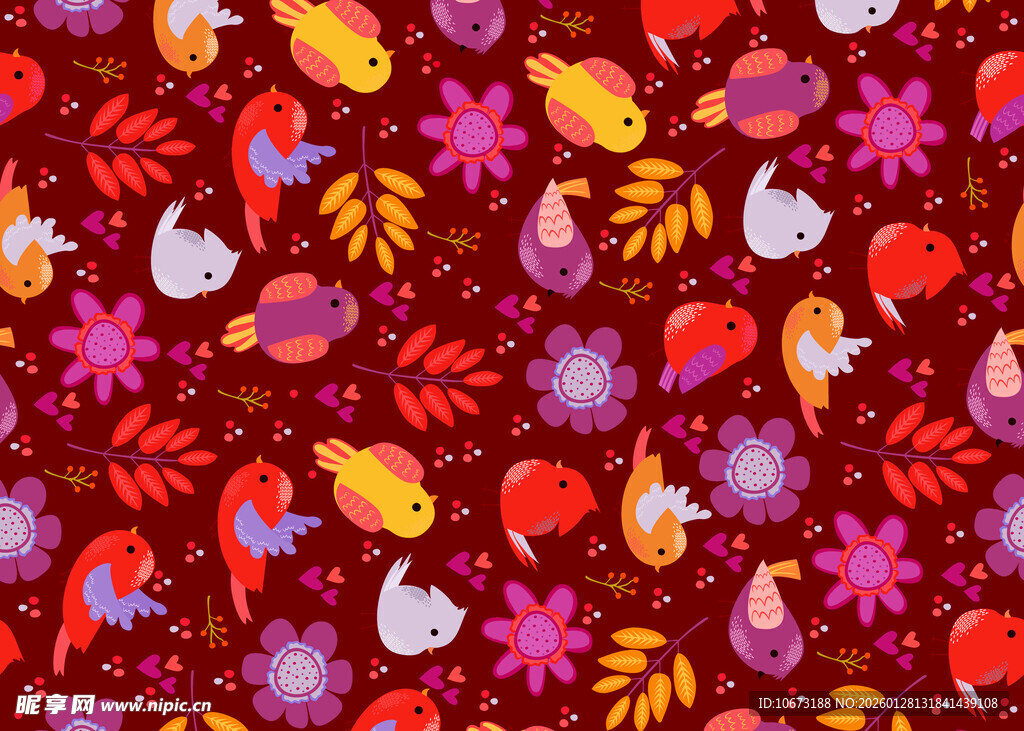 多彩花卉鸟类无缝图案