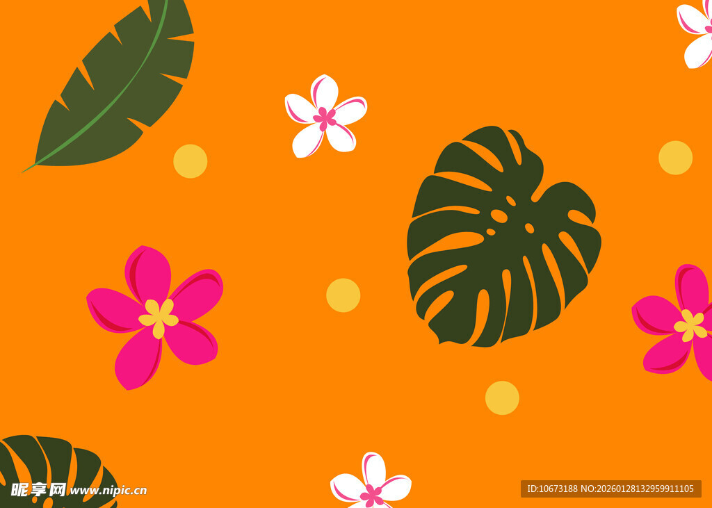 橙色背景热带花卉叶图案