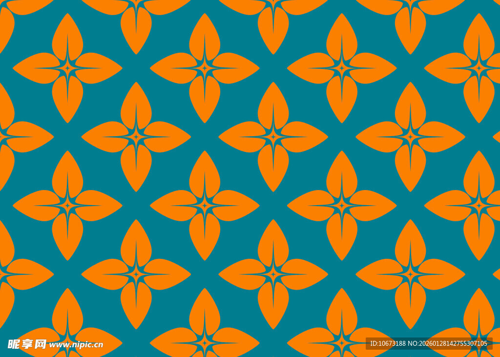 蓝底橙色花卉几何图案