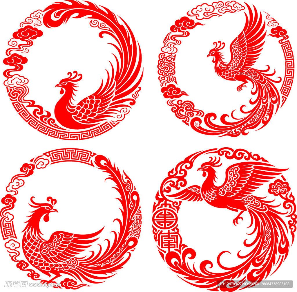 中式凤凰剪纸图案设计