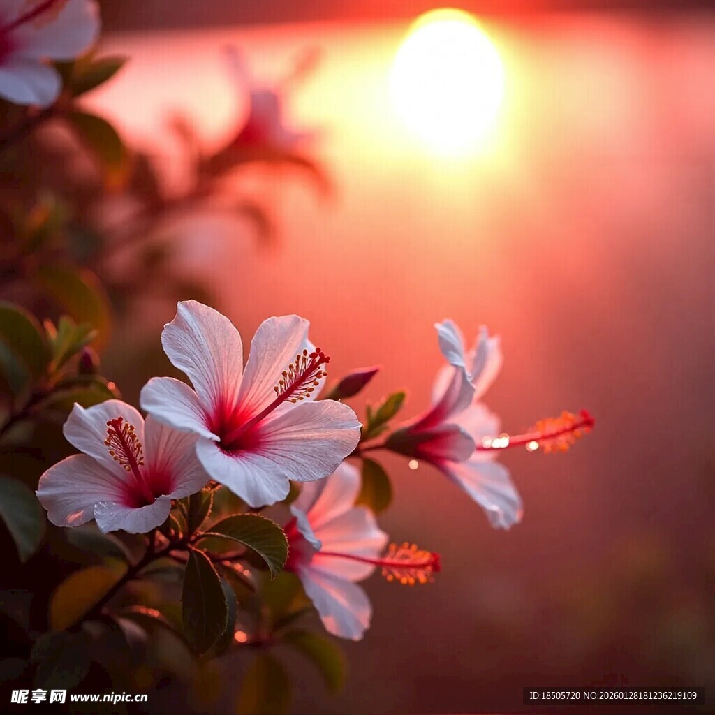 夕阳下绽放的娇艳朱槿花