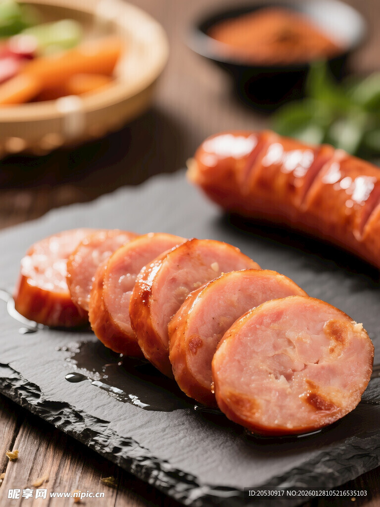 切片美味香肠摆于石板上