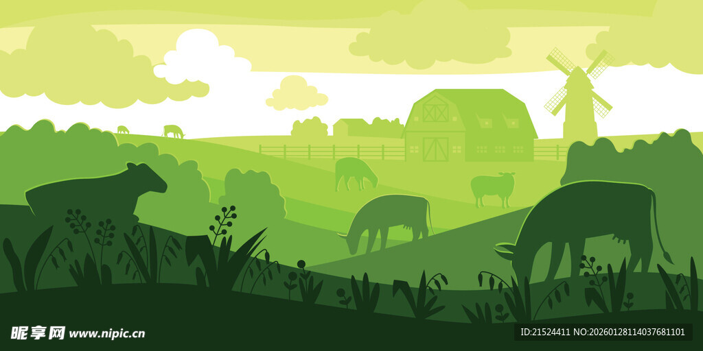 绿色田园动物剪影