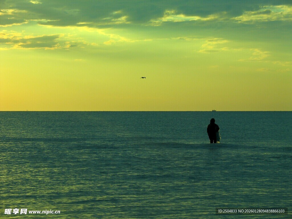 夕阳下的海上独行者