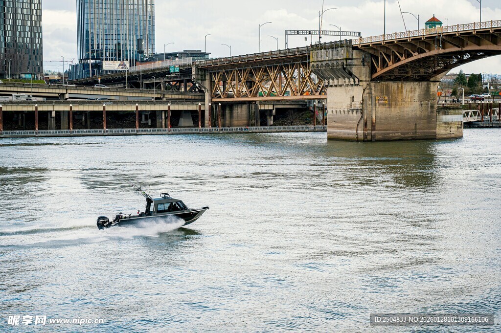 河上摩托艇与桥梁风景