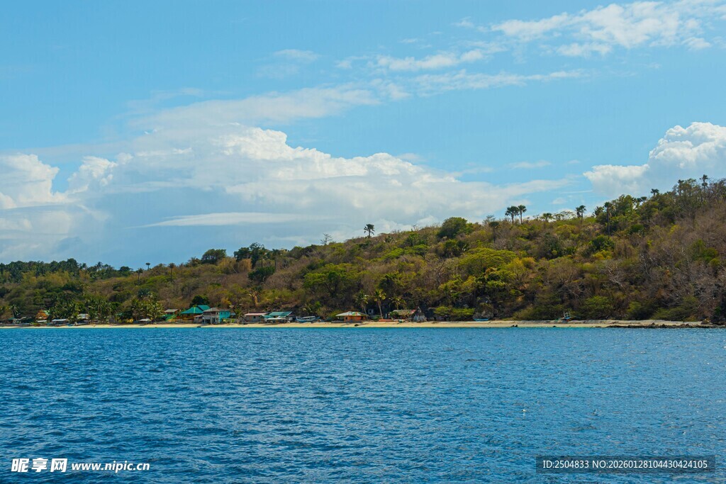 碧海蓝天旁的葱郁海岸线