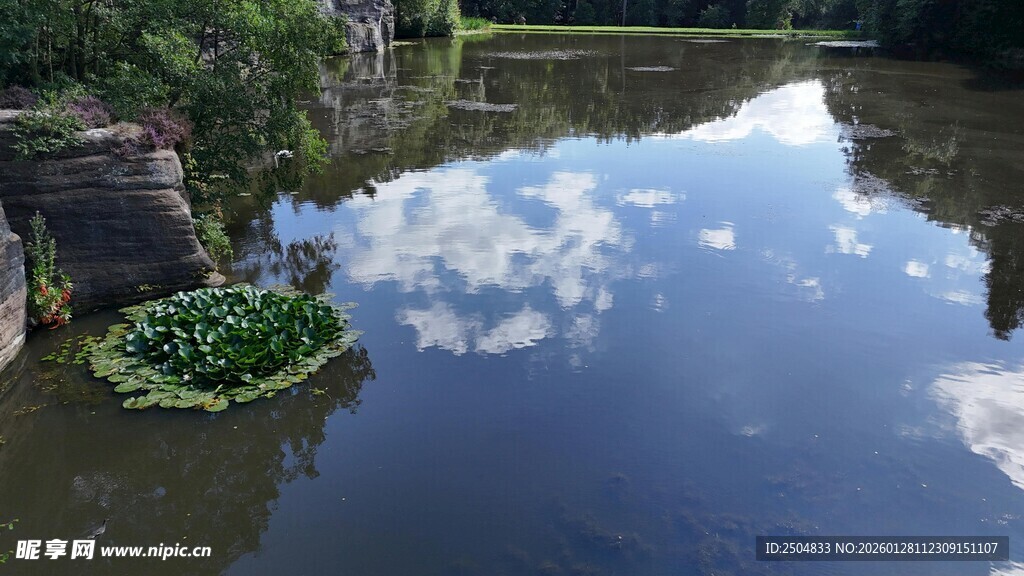 宁静湖水映蓝天白云绿植