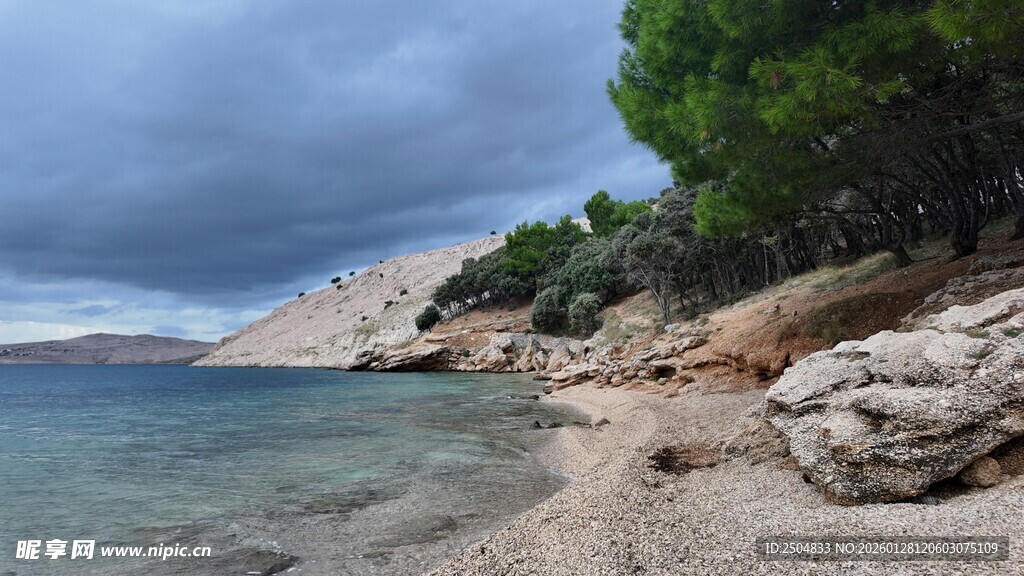 海边岩石与葱郁树木景观