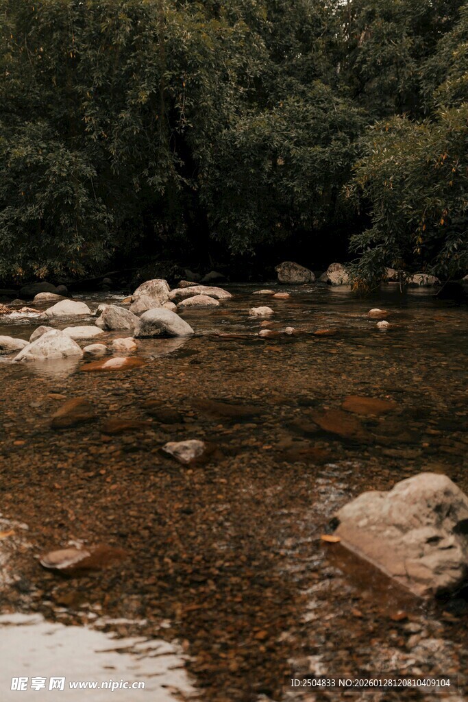 山间清澈溪流与散落石块