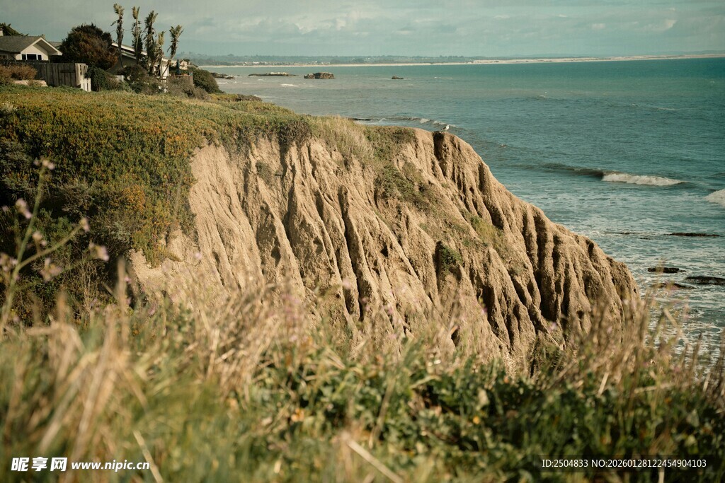 海岸边的陡峭崖壁与植被